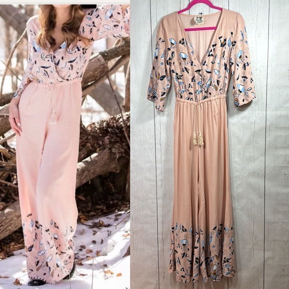 Jaase Boho Jumpsuit XS Pink Floral Feather Print Wide Leg Tassel Waist Resort